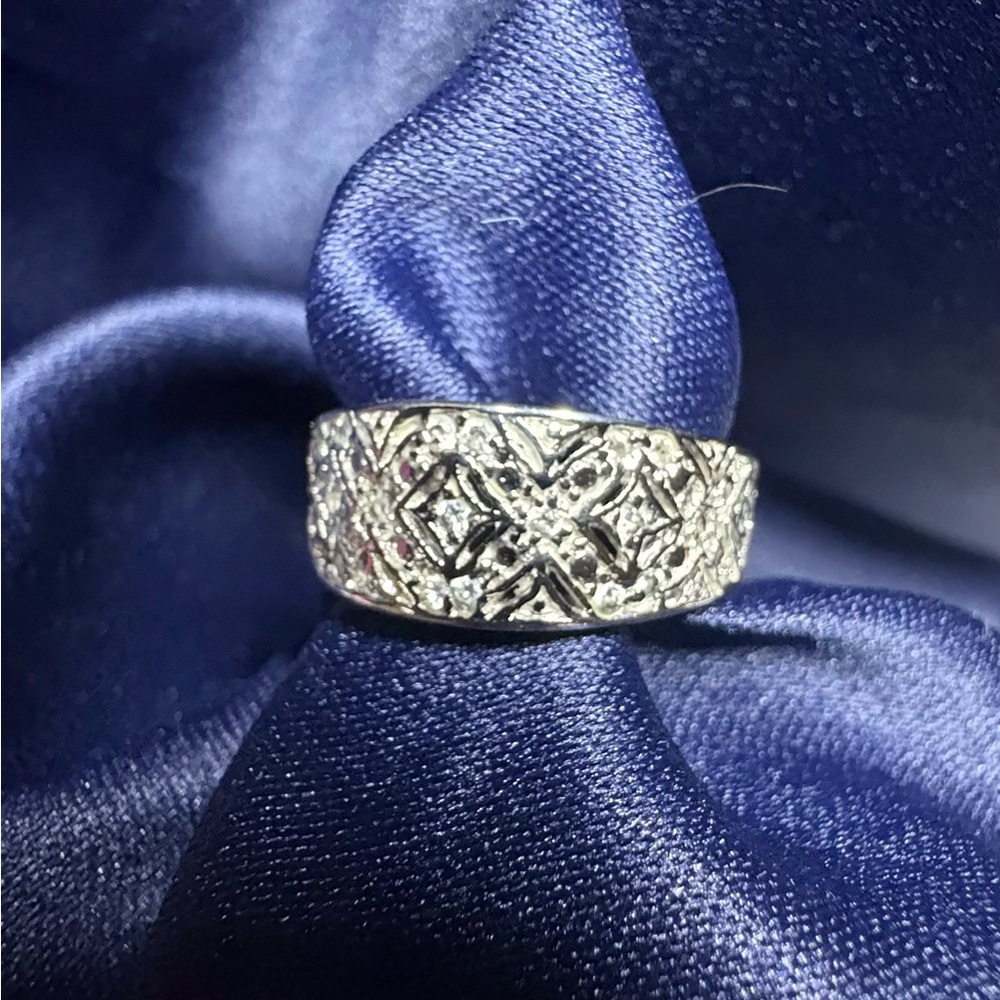 Ring Silver Rhodium Plated & Crystal Band Detailed Size 8